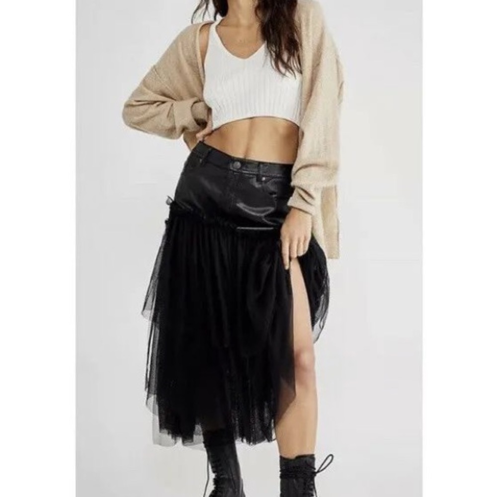 NEW Free People Ragdoll Tutu Skirt - Black Vegan Leather Tulle Size 8